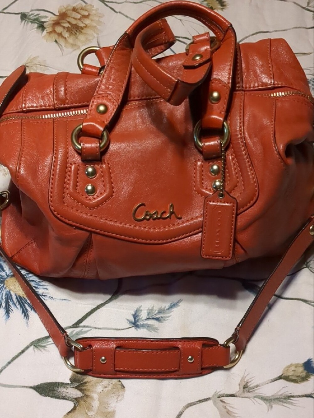 Coach Orange Leather Double-Handle Satchel with Gold Hardware - Picture 4 of 12